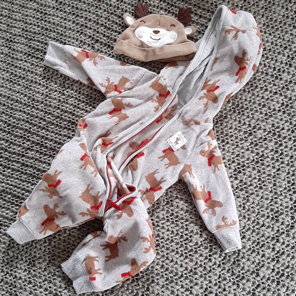 Fleece pajamas with moose hat